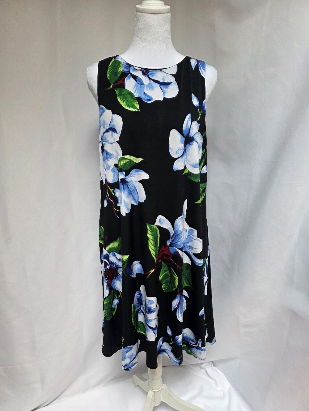 Anne Klein Black Blue Floral Sleeveless A-Line Dress Size 10
